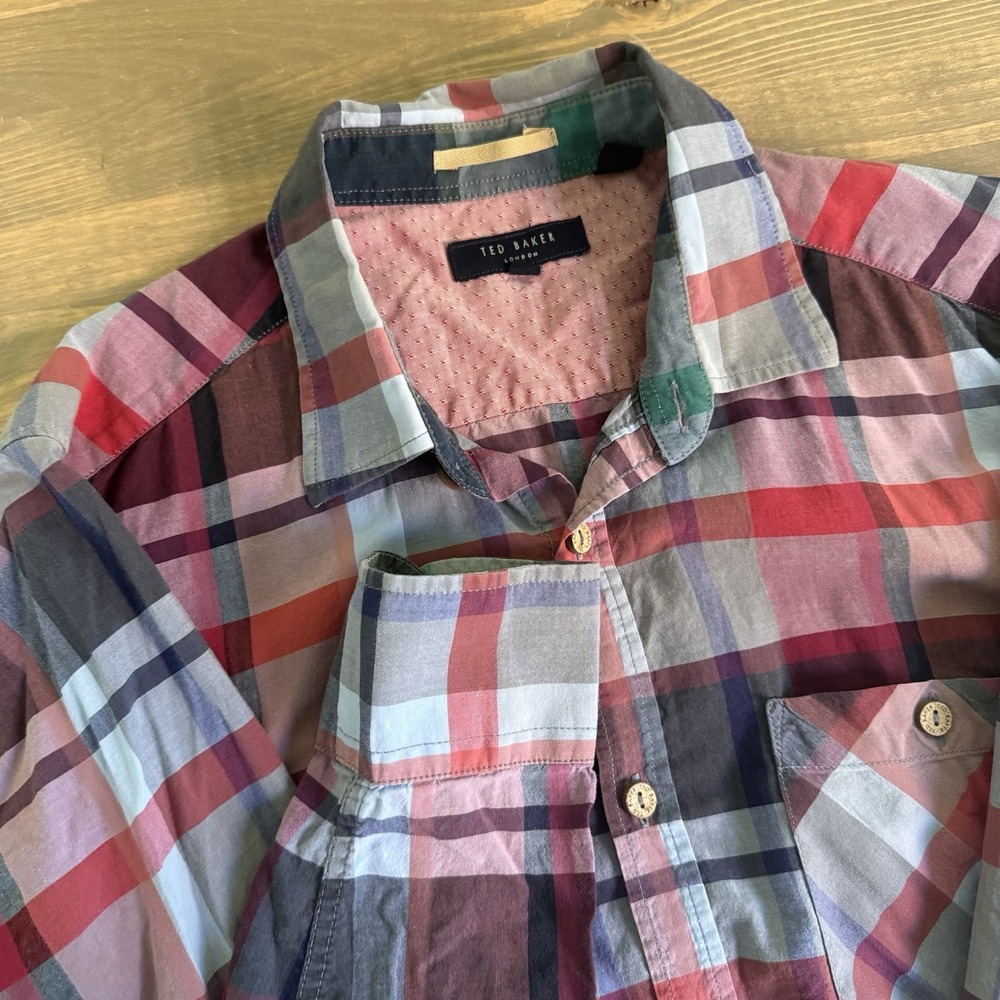 Ted Baker‎ Men's 2 Small Plaid Cotton Long Sleeve Button Up Shirt Pockets